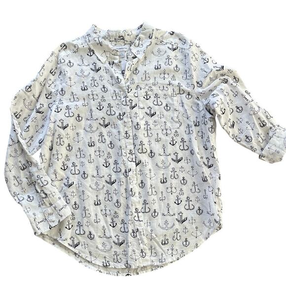 Liz Claiborne Nautical Anchor Linen Button Up Top Large Casual Vacation Coastal - Picture 1 of 9
